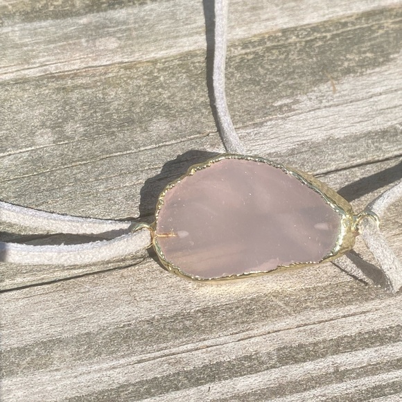 Gold dipped Rose Quartz choker necklace gray leather adjustable ties - Picture 2 of 11